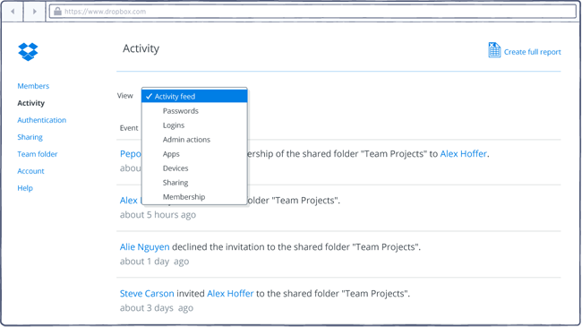 Activity logs for file sharing and transfer