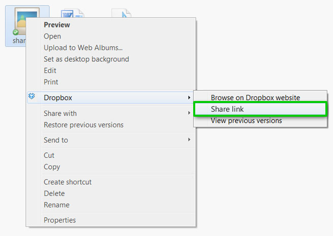Share link from the Dropbox website