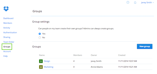 Admin groups view