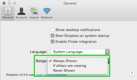 Choose to disable the Dropbox badge