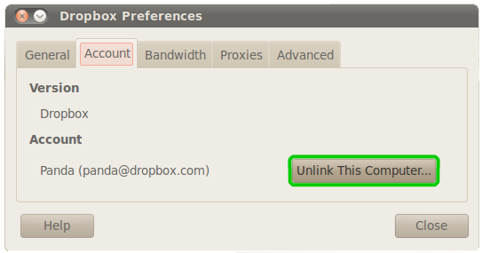 Unlink This Dropbox button from Dropbox preferences