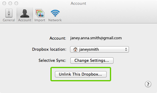 Unlink This Dropbox button from Dropbox preferences