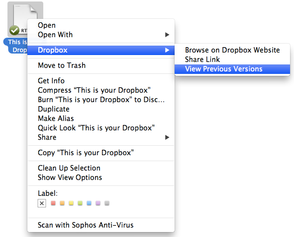 The Dropbox context menu