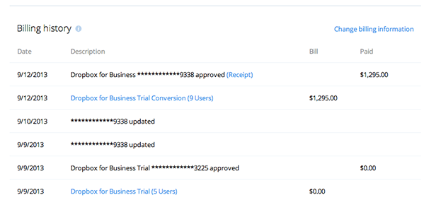 View of Business account billing history