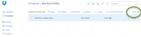 Dropbox file size view