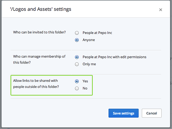 The shared folder options in the Admin Console