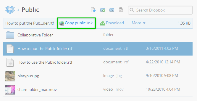 The Dropbox website context menu