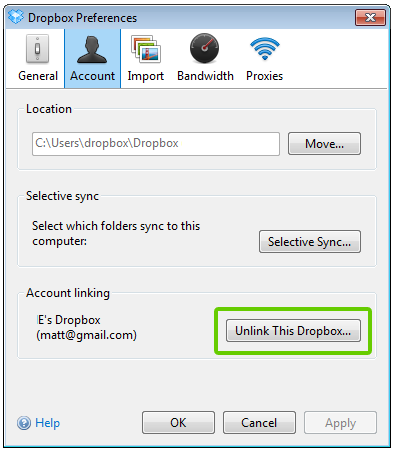 Unlink This Dropbox button from Dropbox preferences