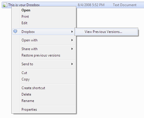 The Dropbox context menu