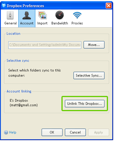 Unlink This Dropbox button from Dropbox preferences